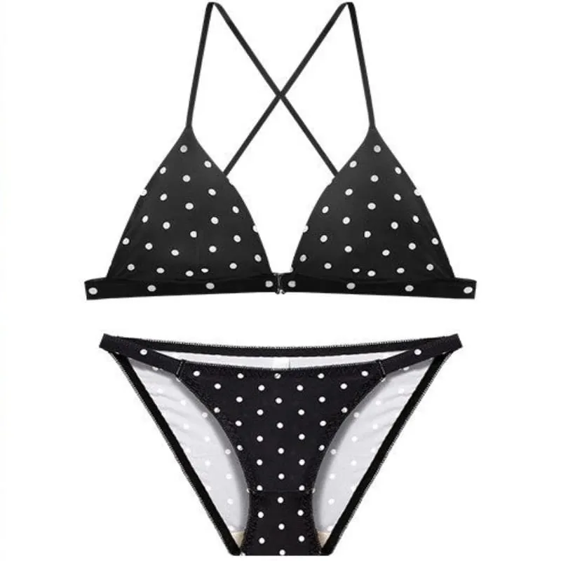 Dámská bezdrátová podprsenka Retro Puntíkovaný trojúhelníkový košíček Bralette Set Přední Zapínání Bikiny Styl Pohodlí Push Up Elegantní spodní prádlo Set — image 6