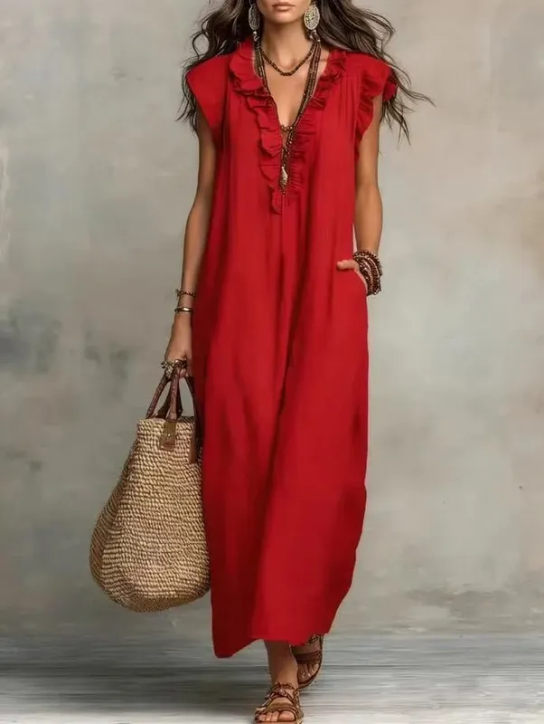 2026 Estate Donna Boho Cotone Lino Maxi Abito Tinta unita Ruffle Scollo a V Senza maniche Abiti lunghi larghi con tasche Casual Beach — image 8