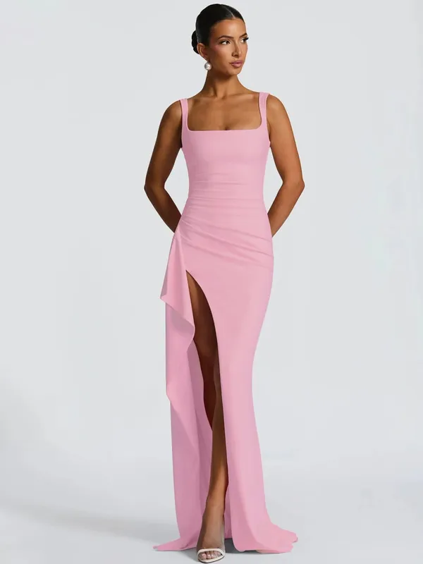 Hugcitar Gaun Maxi Bodycon Seksi Perca Ruched Celah Tali Solid Elegan Wanita Pakaian Musim Panas Festival Ulang Tahun Pesta Malam — image 11