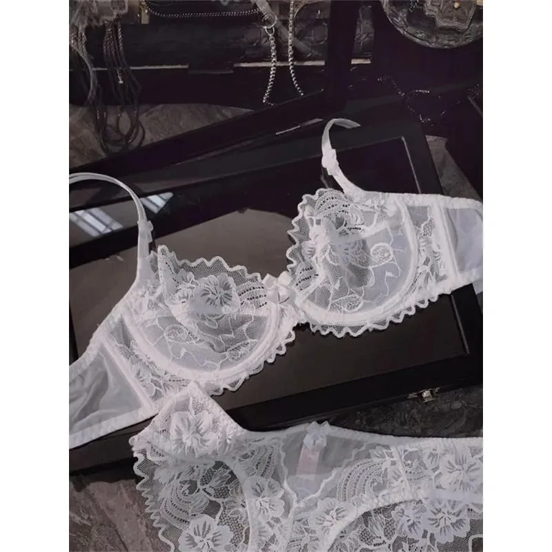 Schickes französisches, ultradünnes Spitzen-Dessous-Set für große Brüste, durchsichtiger Bügel-BH, kleiner Brustlift, elegantes, weiches, feminines Set S-XL — image 1