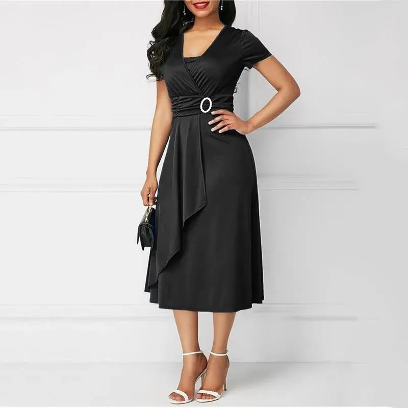 We.Fine Kleid Frauen Einfarbig Kurzarm V-ausschnitt Asymmetrischem Saum Taille Midi Party Kleid Elastische Weibliche Kleider Frau Vestidos — image 5