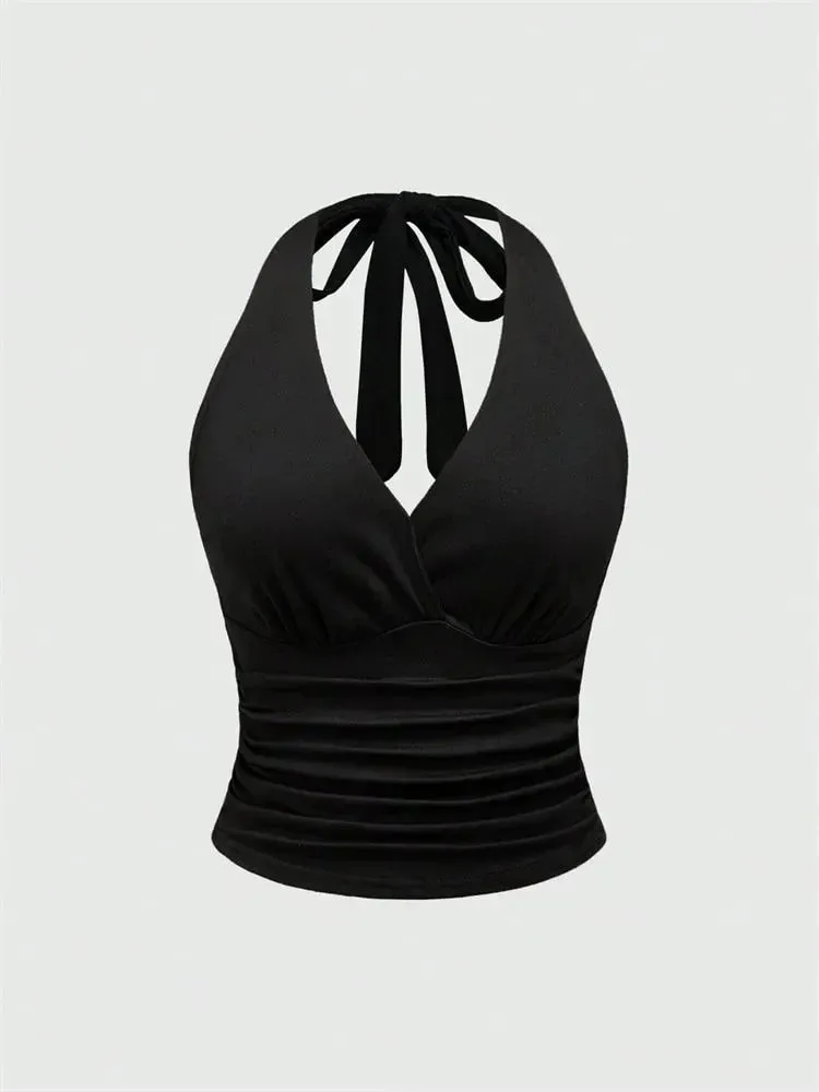 Haut court imprimé léopard, col en v, dos nu, col licou, Sexy, sans manches, froncé, Streetwear, Y2K, été — image 9