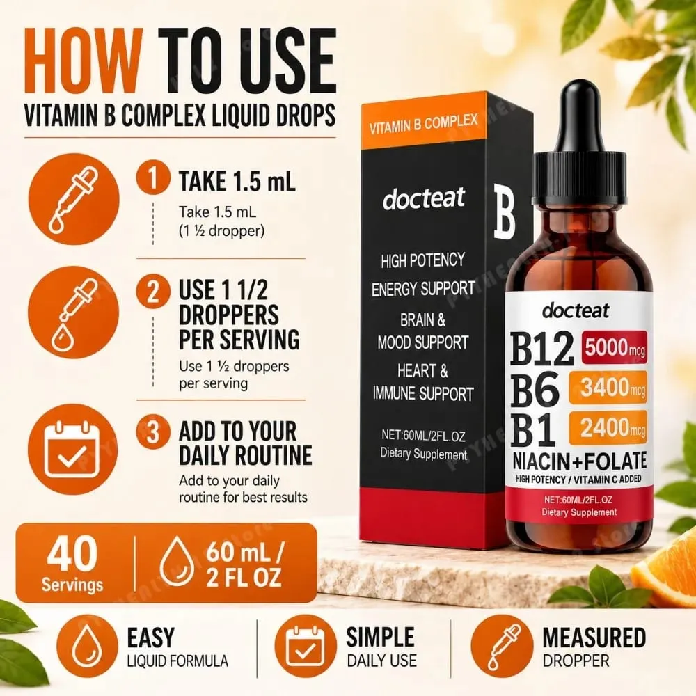 Docteat B Complex Drops 60ml High Power B12 5000mcg Methylcobalamin אנרגיה מוח מצב רוח לב תמיכה חיסונית ללא GMO טבעוני — image 6