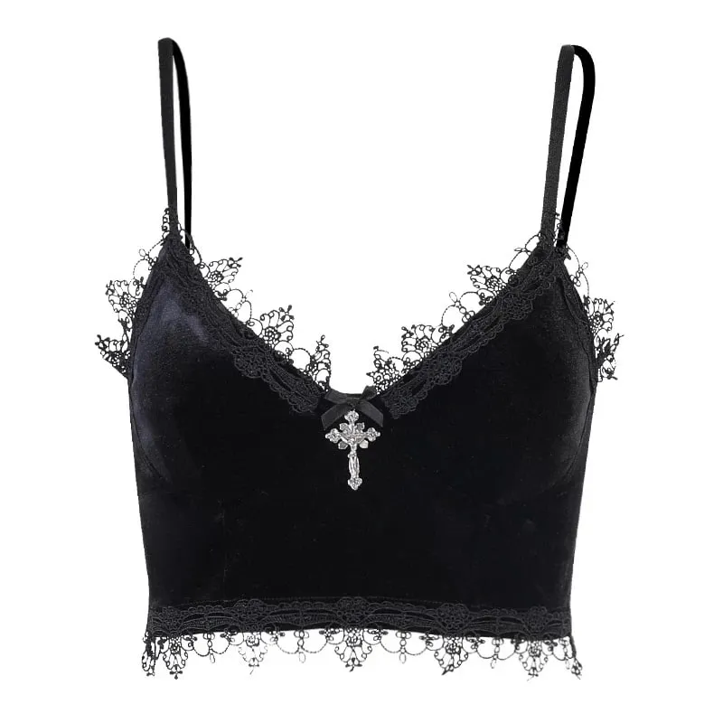 Baju Atasan Tanaman Baldu Y2K Mall Goth Potongan Renda Hitam Emo Alternatif Atasan Tanaman Estetik Wanita Tanpa Belakang Tangki Tali Seksi