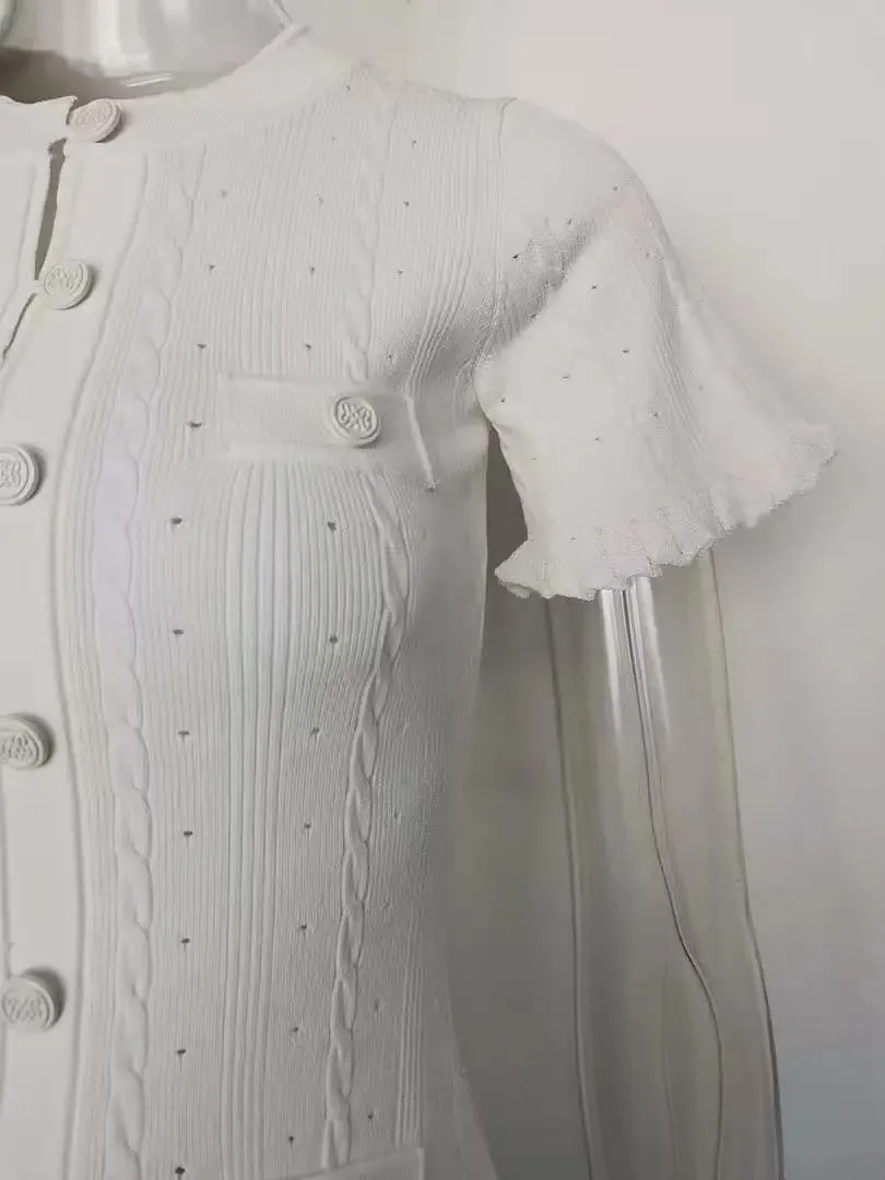 Vintage-Midikleid mit Zopfmuster, Knopfleiste vorne, Rüschen, kurze Ärmel, Taschendesign, elegantes, legeres Party-Strickkleid — image 6