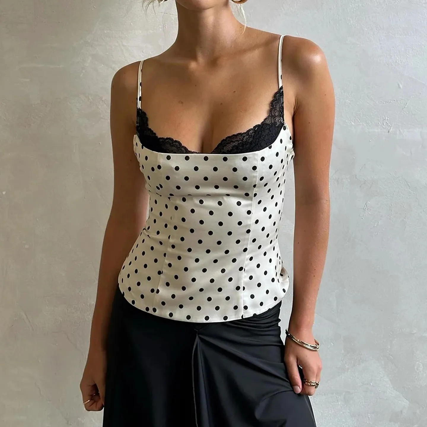 Chic Lace Patchwork Polka Dot Camis Tops Elegantเสื้อแขนกุดฤดูร้อนสบายๆสวมใส่ทุกวันStreetwear Camisole 2026 — image 4
