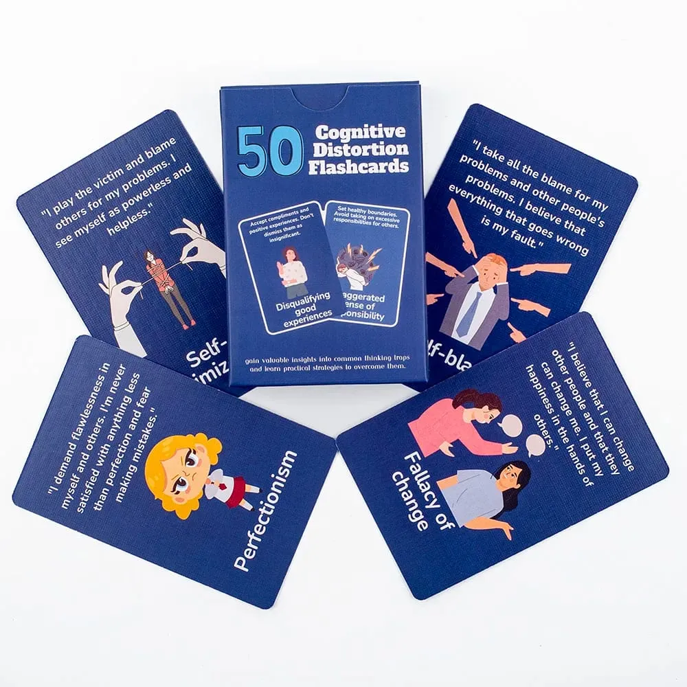 50 fiszek zniekształceń poznawczych Identyfikacja pułapek myślenia Praktyczne strategie dobrego samopoczucia psychicznego Gra planszowa Zarządzanie emocjami — image 5