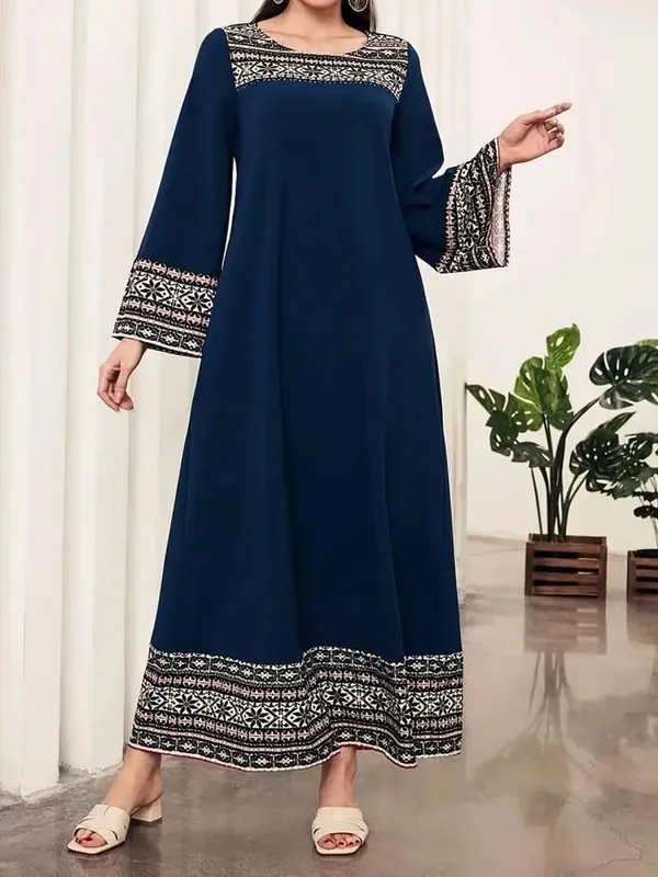 Gaun longgar lengan panjang leher bulat motif geometris gaya retro kasual elegan musim semi dan musim panas