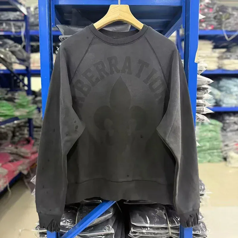 Heavy Fabric Cotton Oversized Patchwork Saint Sweatshirts Men Women Vintage Washed Carbon Gray Splash-Ink Damaged Hole Pullovers — image 2