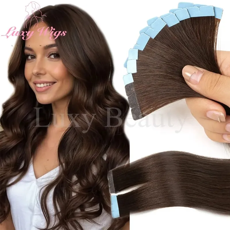 In evidenza Mini nastro marrone nelle estensioni dei capelli umani Mini nastro invisibile senza cuciture su doppio lato biondo nero naturale nei capelli 10 pezzi — image 9
