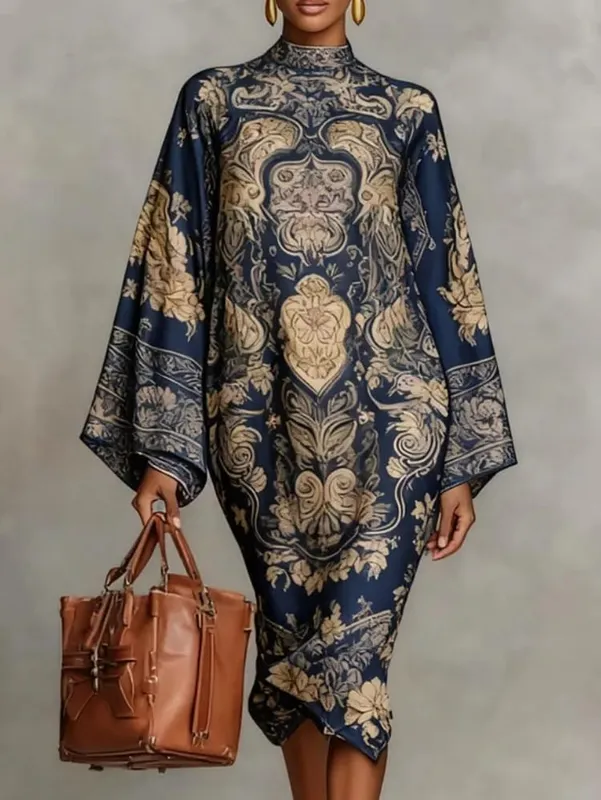 Yeezzi 2026 ใหม่Retroคลาสสิกพิมพ์ชุดราตรีMidiหลวมแขนBatwing Elegant Ramadanโบสถ์KaftanชุดRobe