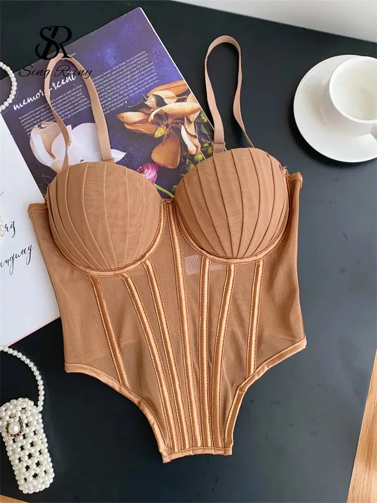 Fesyen Solid Korset Pakaian Dalam Atasan Wanita Tali Mesh Tipis Kamisol Slim Amerika Retro Backless Beach Tank Top Seksi