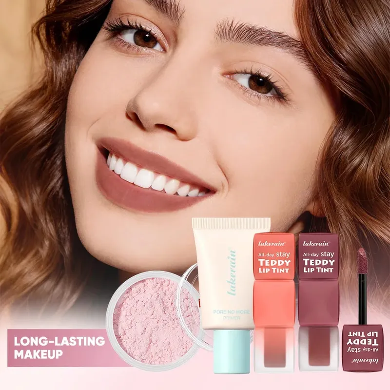 4 teile/satz Pore No More Primer + Lippentönung + Lose Abbindepuder Make-up-Set Matte Langlebige Wasserdichte Wirkung Reise Tragbar — image 2