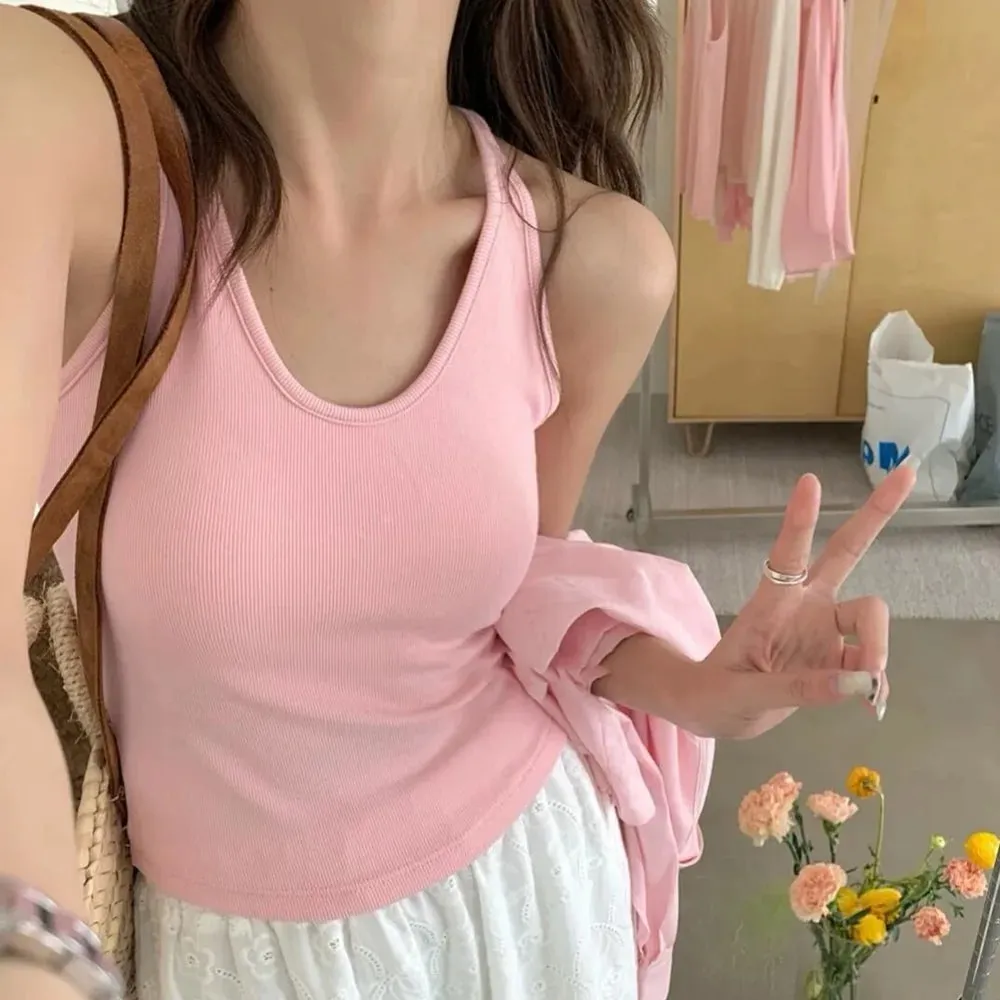 Gaya Korea dengan Tali Alas Dada Vest U-Neck Warna Pejal Tanpa Belakang Tanpa Lengan Atasan Pelangsingan Camis Wanita Musim Panas — image 11