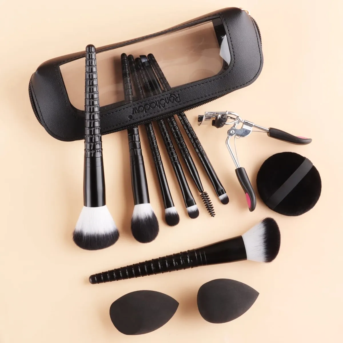 12 pezzi kit completo di strumenti per trucco 7 pennelli per trucco 2 spugne di bellezza bigodino per ciglia borsa per soffio di polvere set completo di cosmetici — image 1