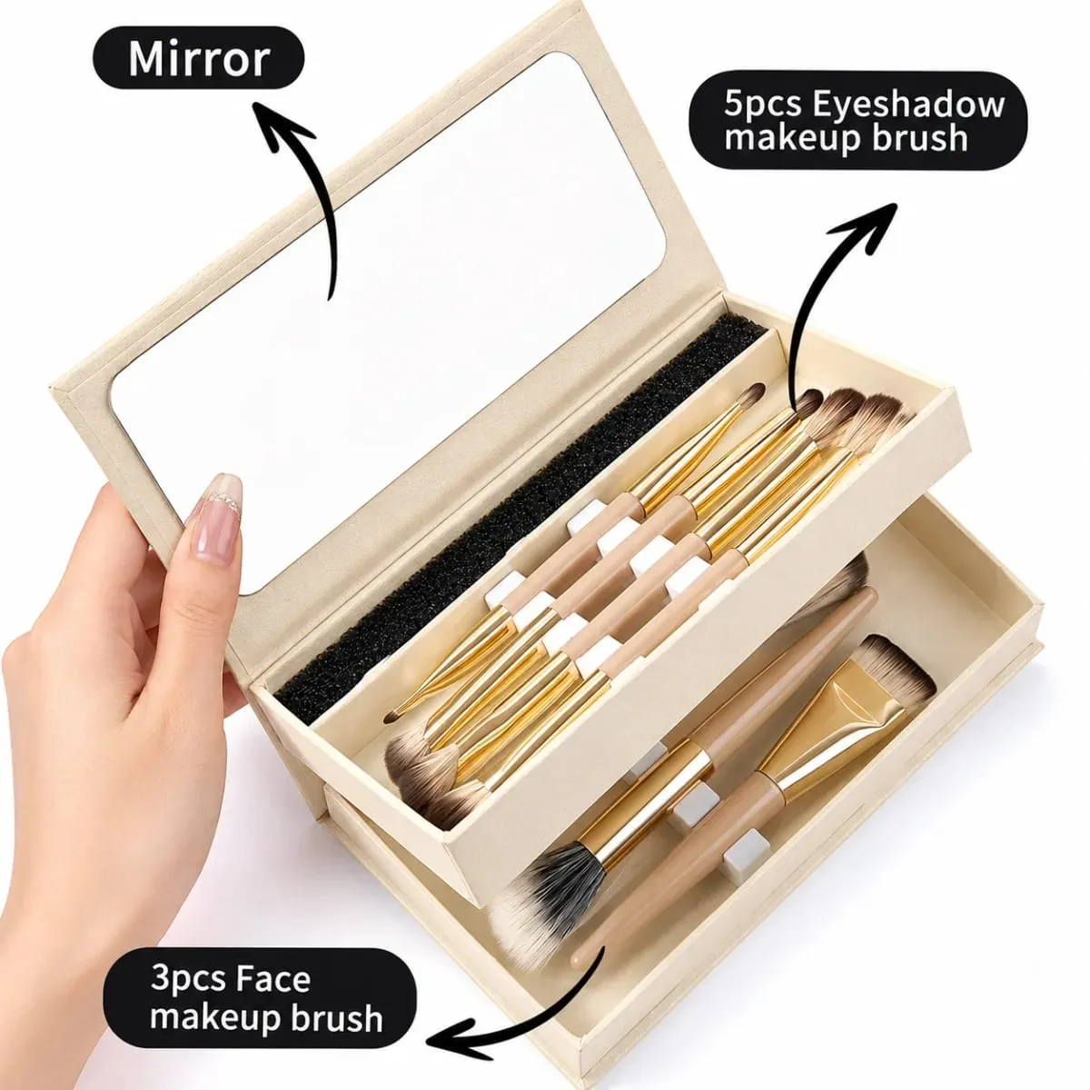 Bærbar 8-delt sammenfoldelig makeupbørstesæt med dobbelt ende Foundation Contour Øjenskygge Blush Concealer Børster Rejsemakeupværktøj — image 3