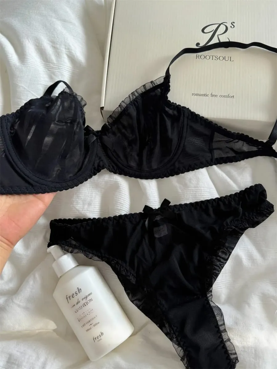 Lingerie en maille de dentelle noire, sous-vêtements, soutien-gorge fin, soutien-gorge rassemblé, gros seins, spectacle, petit ensemble de soutien-gorge — image 2