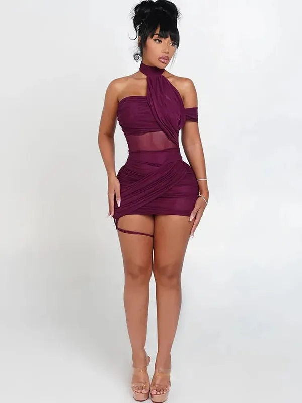 kliou Mesh Cross Irregular Women Mini Dress Solid Sexy Slash Neck Sleeveless Hollow Slim Vestidos Mujer Stunning Party Clubwear — image 4