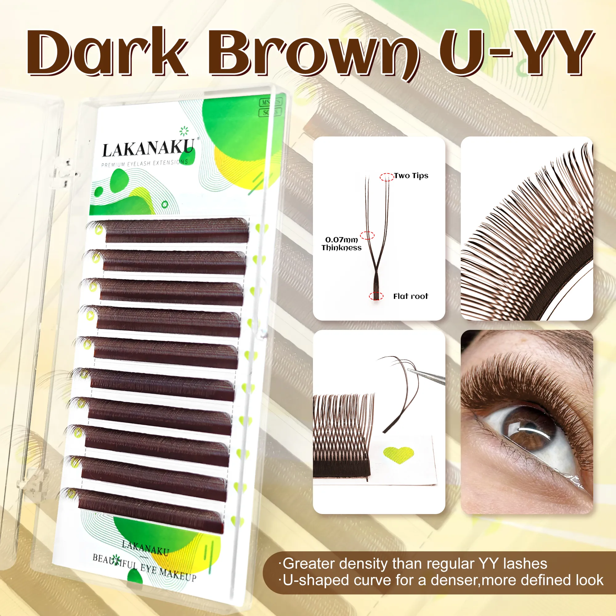 สีน้ำตาลเข้ม U รูปร่าง YY Lashes สีน้ำตาล Premade ตาขนตาส่วนขยาย Fio U 2D Clover Cilios