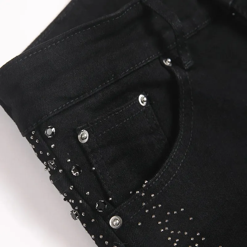 Seluar Jeans Denim Berkobar-kobar Lelaki Punk Kristal Rivet Stretch Kapas Hitam Seluar Spandeks Seluar Slim Potongan But — image 4