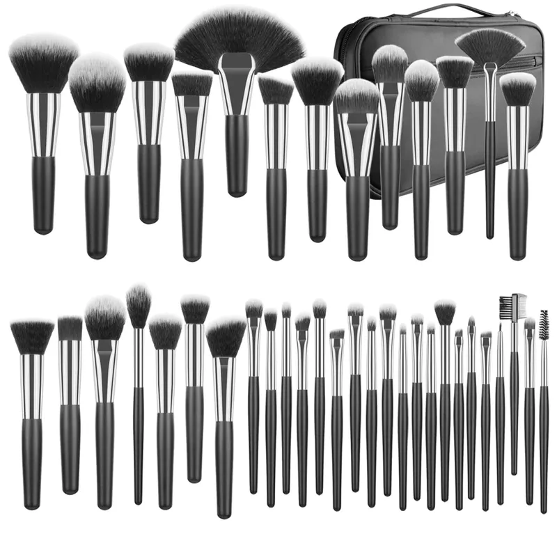 Professionelles 40-teiliges Make-up-Pinsel-Set mit kurzem Griff und Tasche, komplettes Highlight-Concealer-Brauen-Werkzeug für die tägliche Ausbesserung und auf Reisen