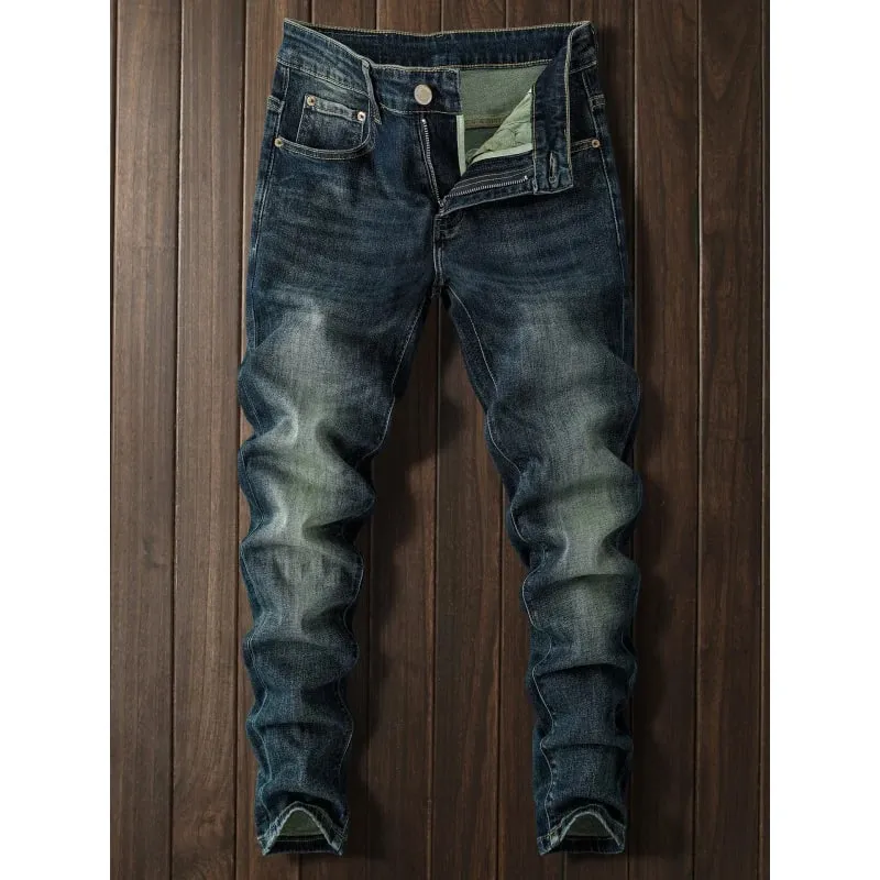 Autumn retro deep blue jeans men elastic and trendy versatile casual street fashion pants — image 2