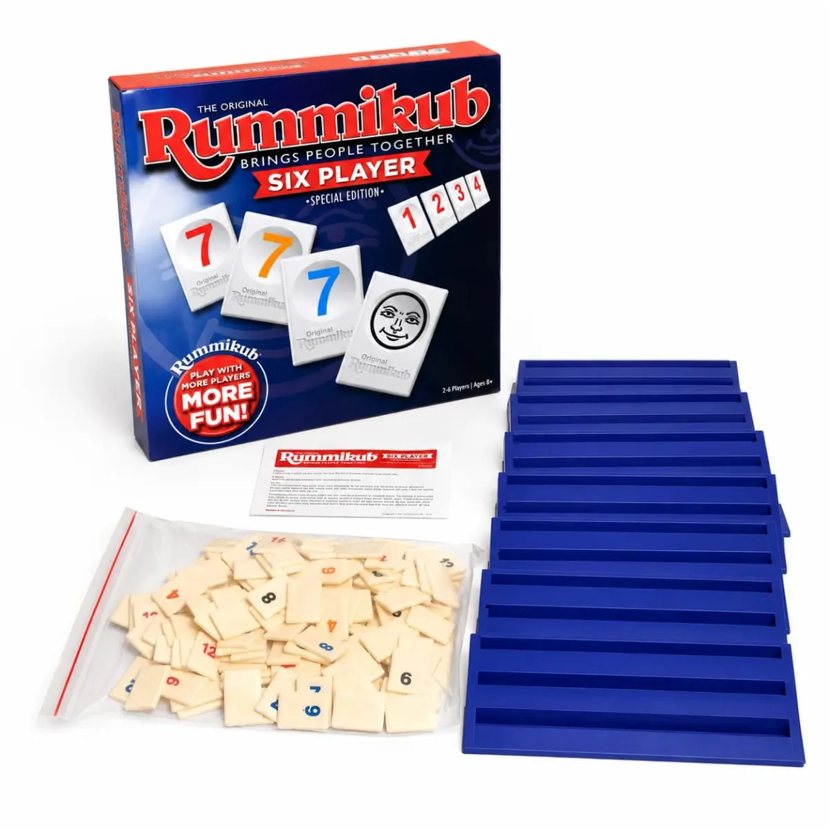 Rummikub เกมกระดานกลยุทธ์สำหรับผู้เล่นหกคนพร้อม Blue Racks Number Logic Family Party เวอร์ชันภาษาอังกฤษ