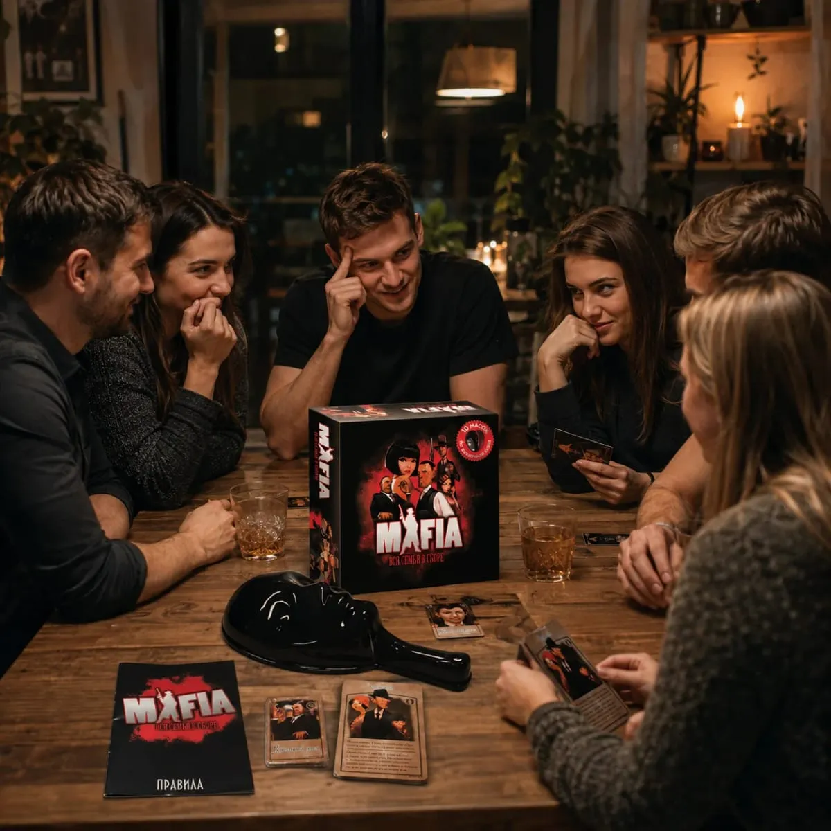 Mafia Board Game Set Strategy Deduction Party Card Game with Mask and Cards for Family Game Night Russian Version