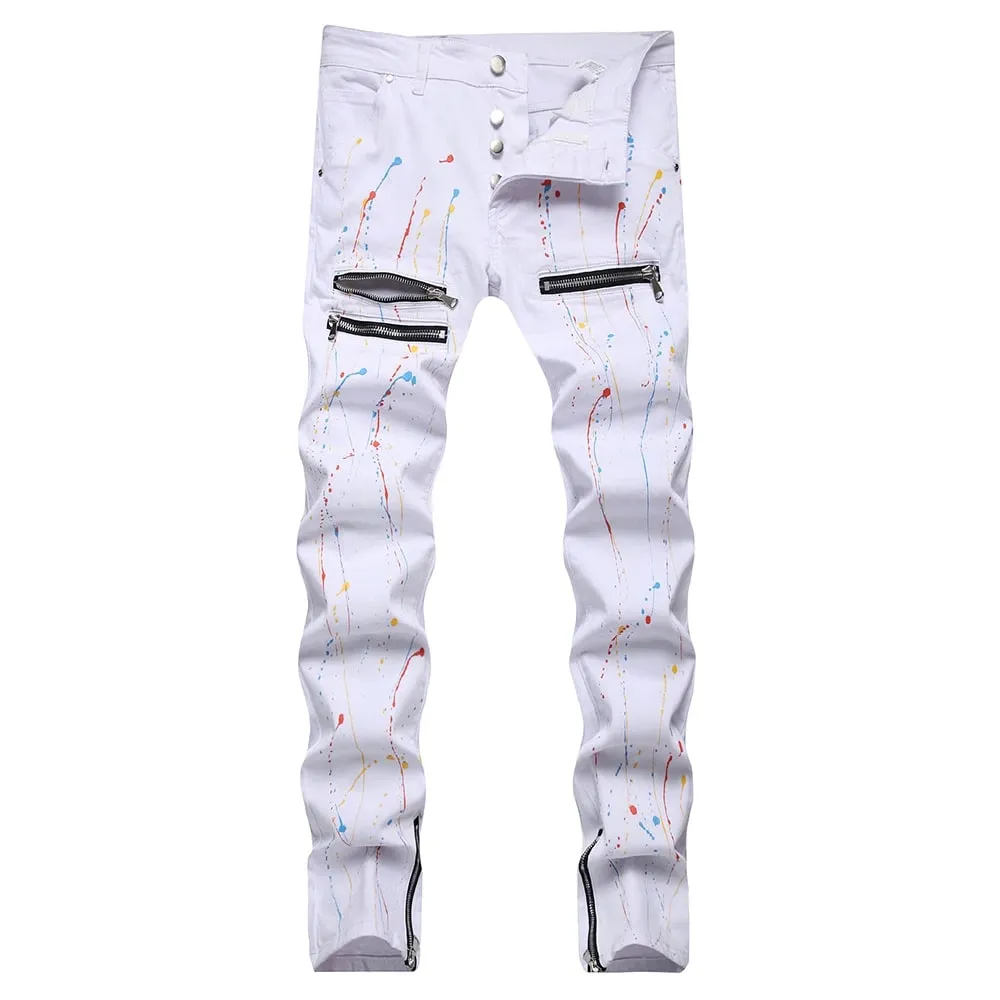 ผู้ชายทาสียืดกางเกงยีนส์ซิปปุ่ม Fly BIKER กางเกง Streetwear สีขาวกางเกงเรียวบาง