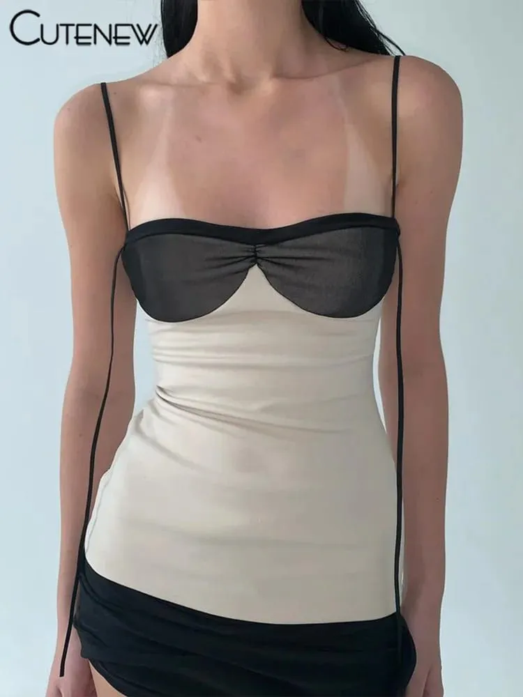 Cutenew Panelli Kadın Mini Elbise Muhtasar Püskül Patchwork Sarılmış Göğüs Düzensiz Backless Süper Kısa Elbise Trendi streetwear — image 5