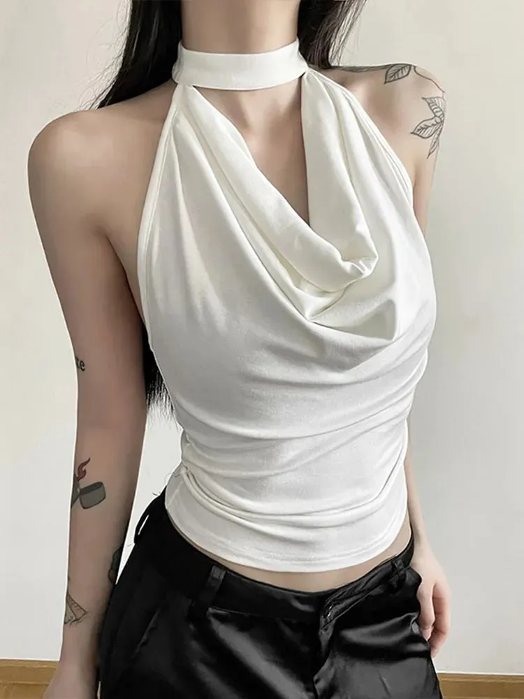 สีทึบสบายๆ All-Match Cool มั่นใจเซ็กซี่สวย High Street ฤดูร้อนผู้หญิงบาง Halter Vest — image 6