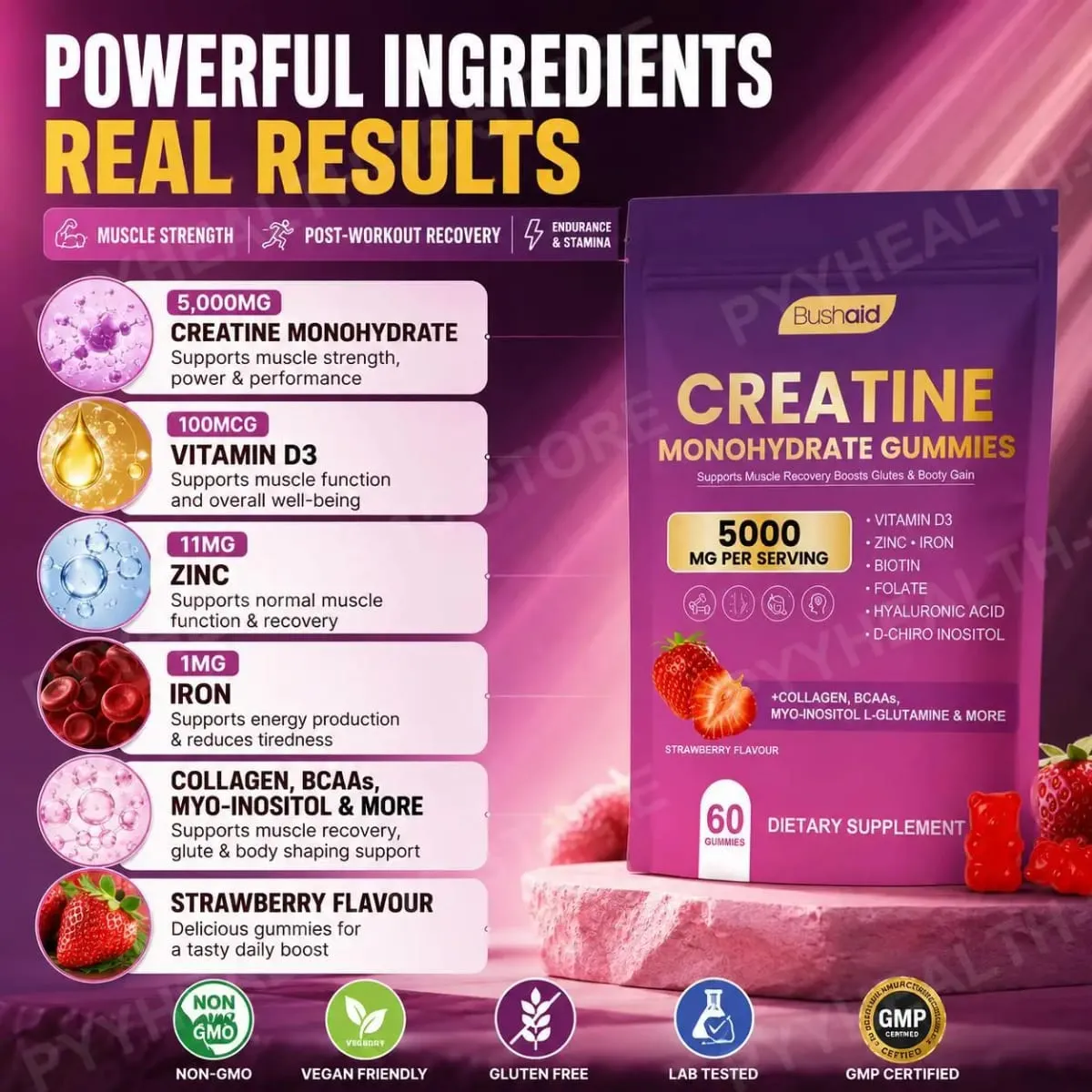 BushAid Creatine Monohydrate Gummies til post-workout muskelgendannelse med Multi-Collagen Blend BCAA og Zink 60 Gummies — image 5
