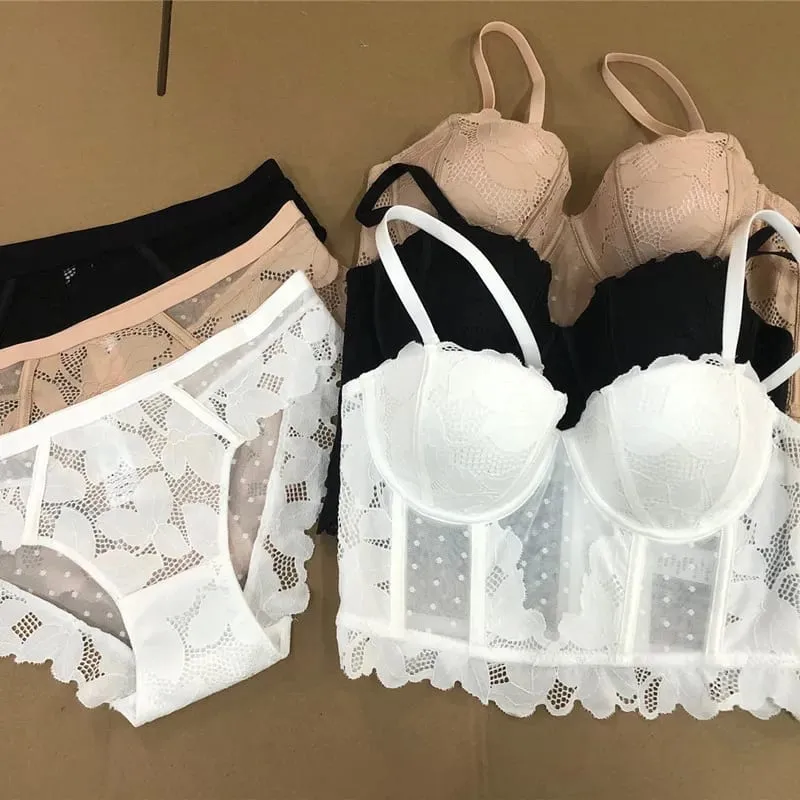 メッシュレースプッシュアップハーフカップブラジャーセット下着取り外し可能なストラップ付き 7 ブレストブロードサイドシェイプブラジャー女性美しいセクシーなランジェリー — image 2