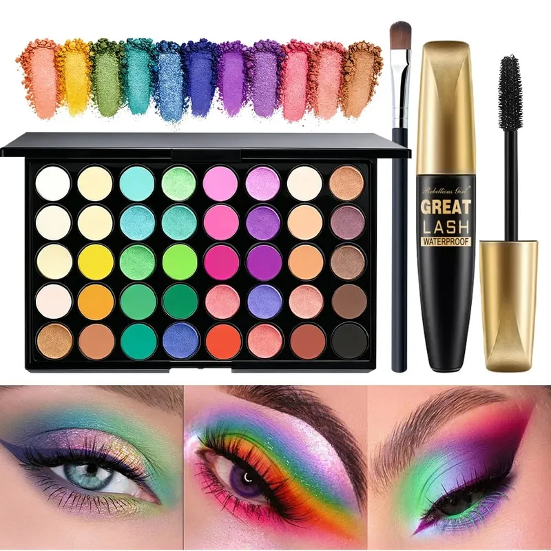 3pcs Set Solek untuk 40 Warna Palet Pembayang Mata Pelangi+Maskara Hitam dengan 1pc Berus 3 Dalam 1 Kit Solek Untuk Pesta Harian Harian — image 2