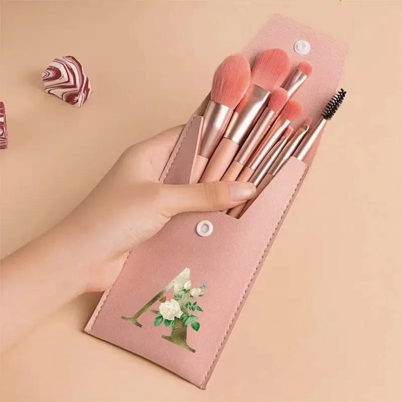 Juego de brochas de maquillaje para principiantes, brochas suaves y esponjosas para rostro y ojos con bolsa de PU, ideal para maquilladores, patrón de flores doradas