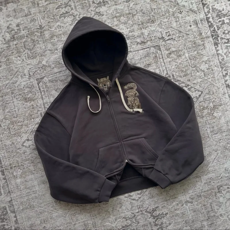 Dark Brown Full Zip Hoodie Double Men Wolf Embroidery Drawstring Pocket Oversized Y2K Grunge Vintage Street Zip Up Sweat Jackets — image 13