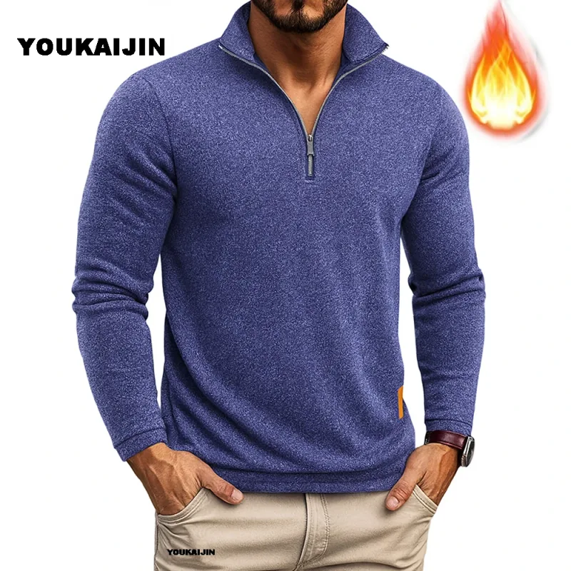 Sudaderas para hombre, jersey más grueso de primavera, jersey con cremallera de un cuarto para hombre, Sudadera con capucha para exteriores, sudadera de otoño, cuello alto de Color sólido — image 3