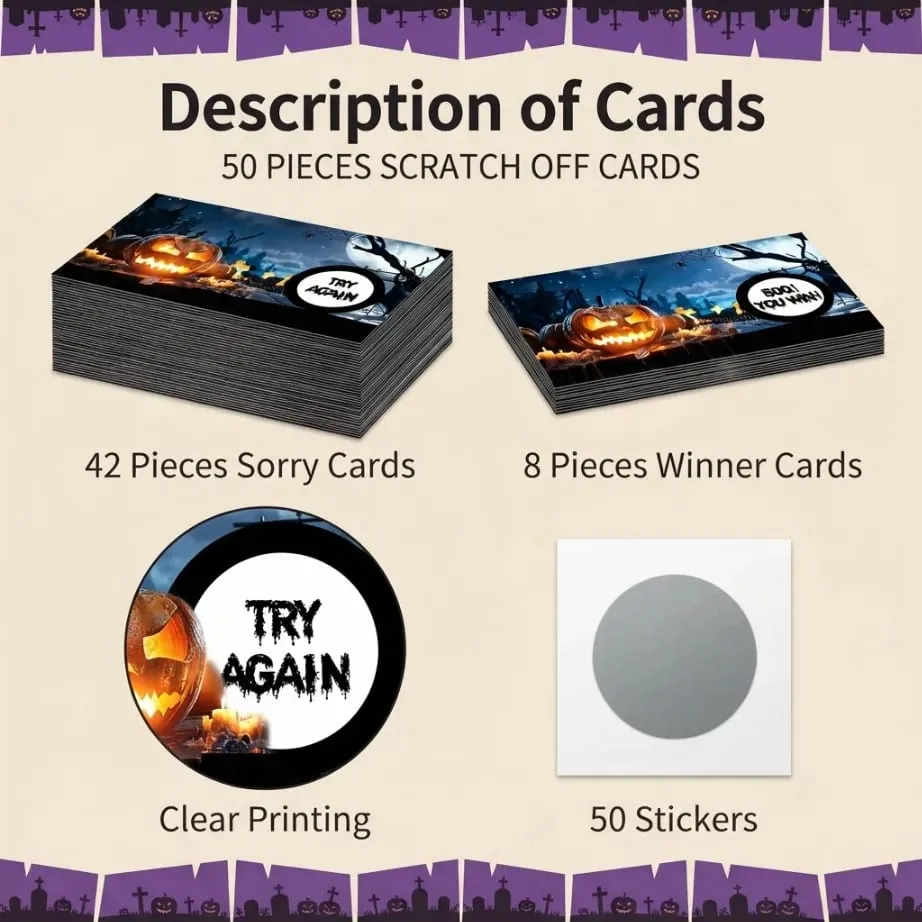 50 cartes à gratter Halloween : grattez pour gagner et débloquer des prix ; parfait pour les activités interactives sur le thème d’Halloween.