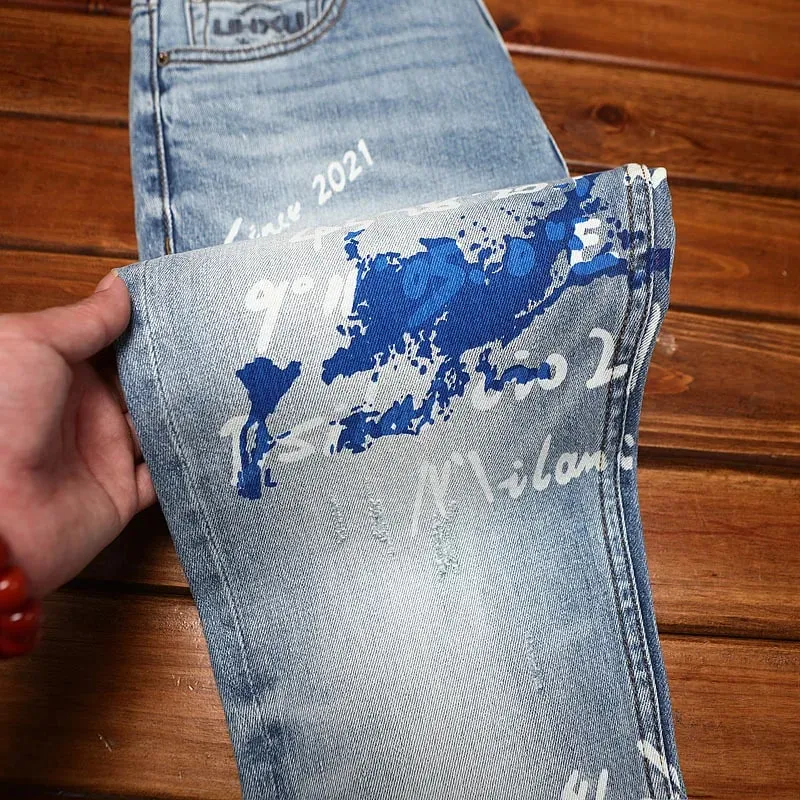Seluar jeans bercetak bergaya untuk lelaki retro biru anjal slim fit kaki kecil fesyen jalanan seluar kasual denim mewah — image 4