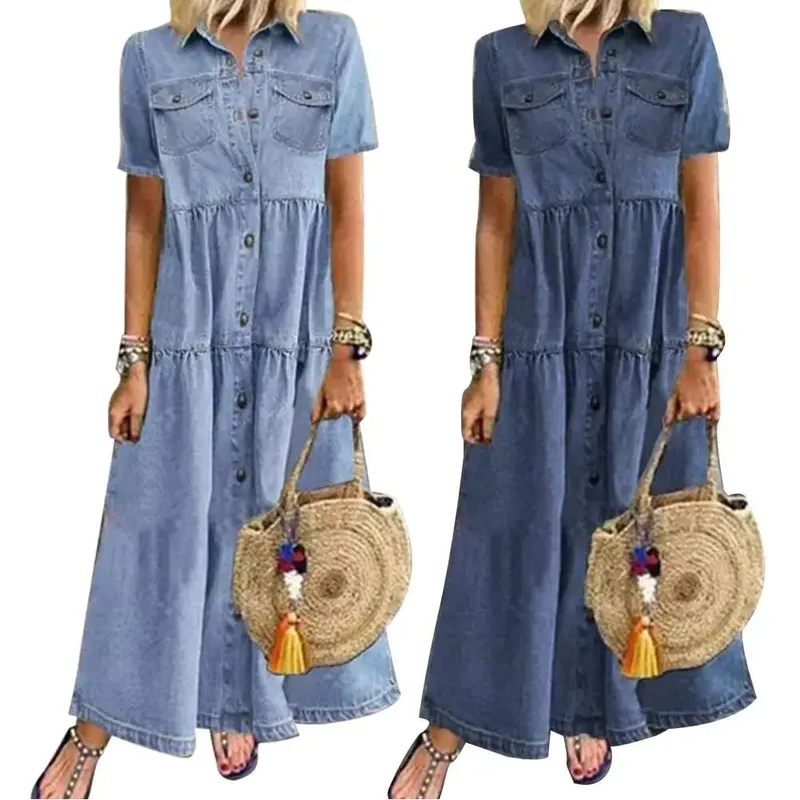 Retro Frauen Kleider 2022 Kurzarm Drehen Unten Kragen Taschen Taste Lange Lose Denim Kleid Sommer Langes Kleid — image 2