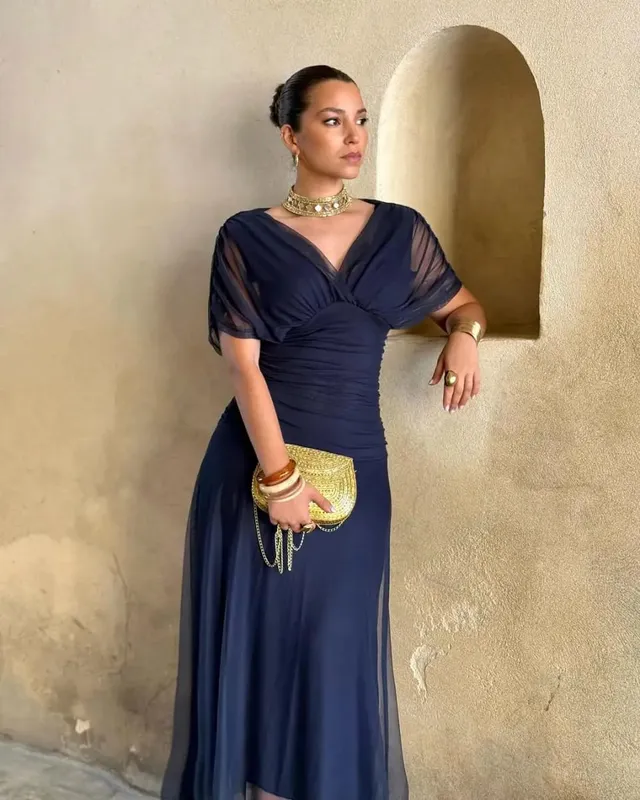 ผู้หญิงลึก V คอตาข่ายยาวชุดพัฟแขนสั้น Ruched เอวสูง Vestidos 2026 ฤดูร้อน Lady Casual street Robe — image 11