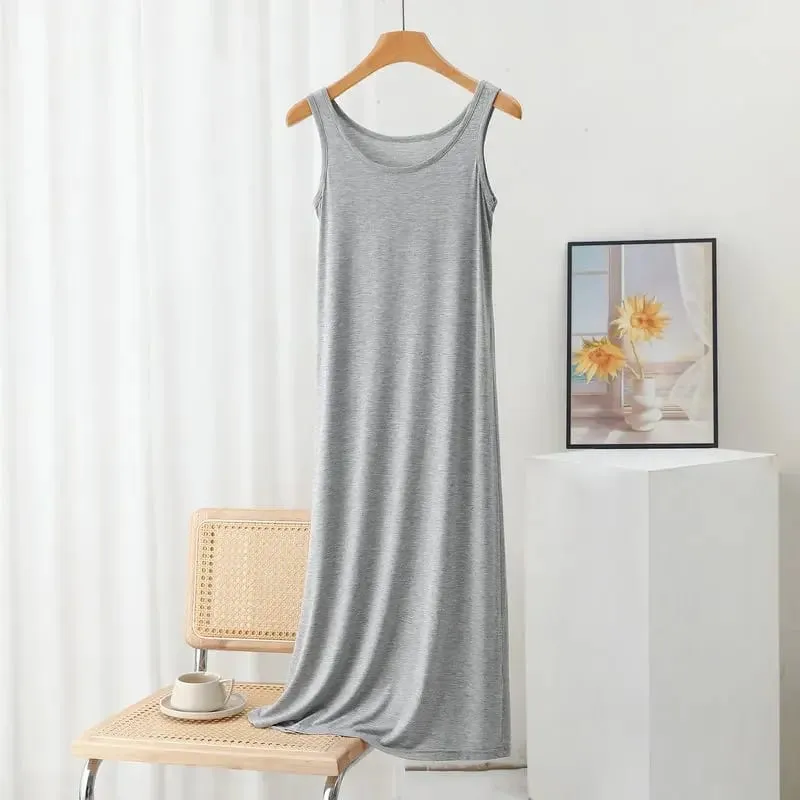 Plus Size Modal Long Dress Women's Spring Summer Loose A- Line Bottoming Skirt Home Sleepwear Sleeveless Pure Color Gown — image 4