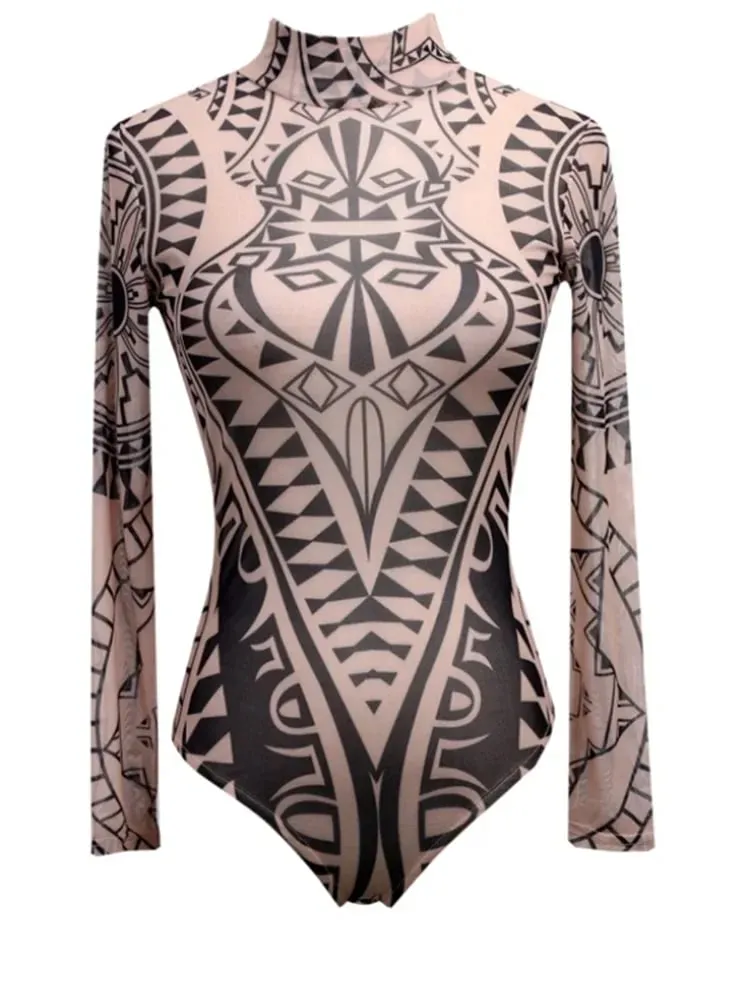 Body a rete da donna Body body a maniche lunghe con stampa etnica vintage Top trasparente attraverso tute da club sexy — image 2