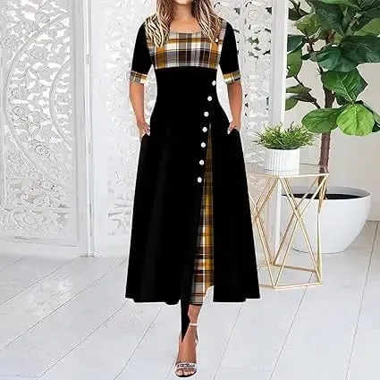 ผู้หญิงไม่สม่ำเสมอ Lattice Patchwork ชุดเดรสยาวปุ่มวินเทจ O คอครึ่งแขน Casual Lady เดินทางชุดแฟชั่น