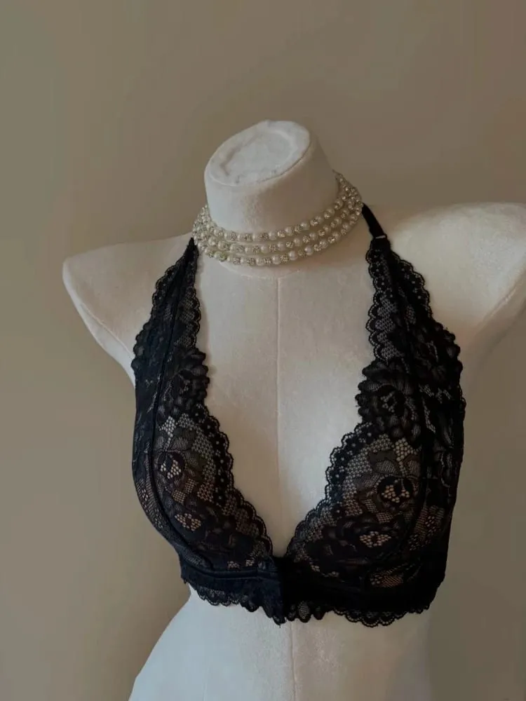 Set Bra Halter Renda Antik Perancis Bra Intim Wanita Keinginan Murni Lembut Pengangkat Payudara Kecil Push Up Payudara Kecil Nirkabel — image 6