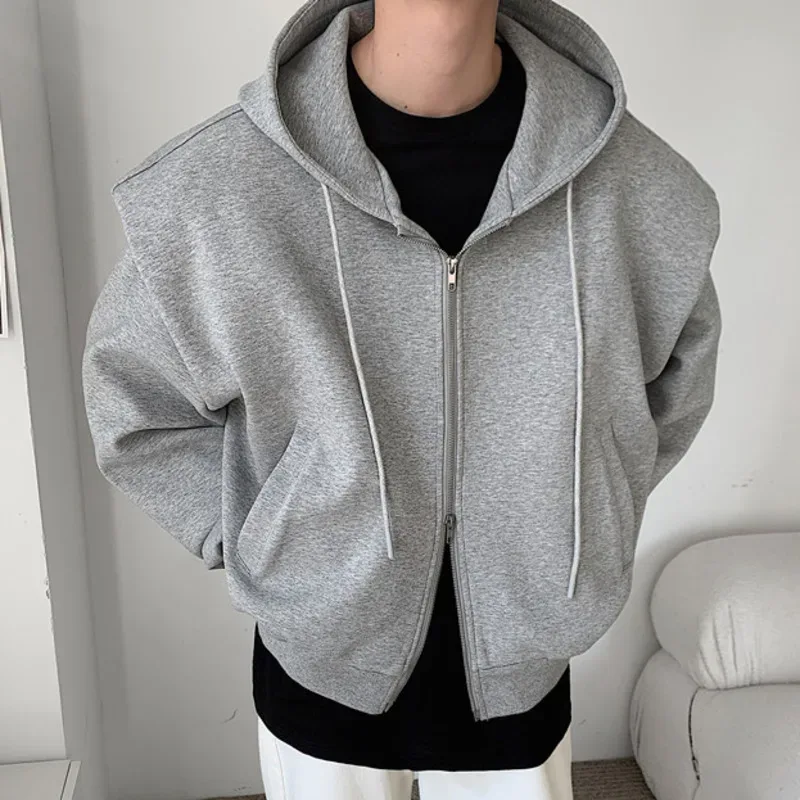 2024 Autumn New Padded Shoulder Design Solid Streetwear Men Double Zip-up Hooded Sweatshirts Harajuku Casual Daily Hoodies — image 2