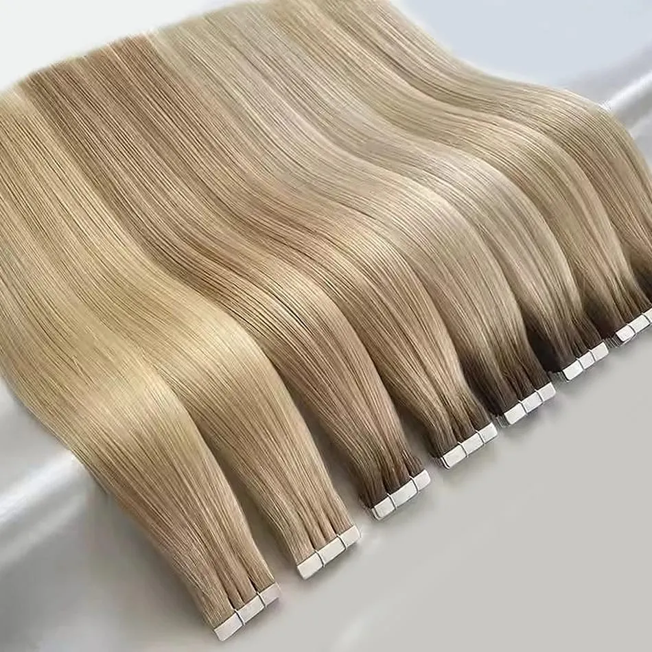 Nastro adesivo all'ingrosso europeo a doppio disegno nelle estensioni Nastro Remy allineato con cuticole invisibili nelle estensioni dei capelli 100% capelli umani — image 2