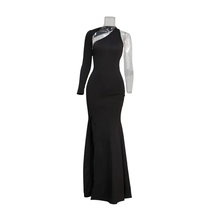 Spring Fall Longuette Long-sleeved Elastic Force Single Sleeve Slim Long Women's Dress