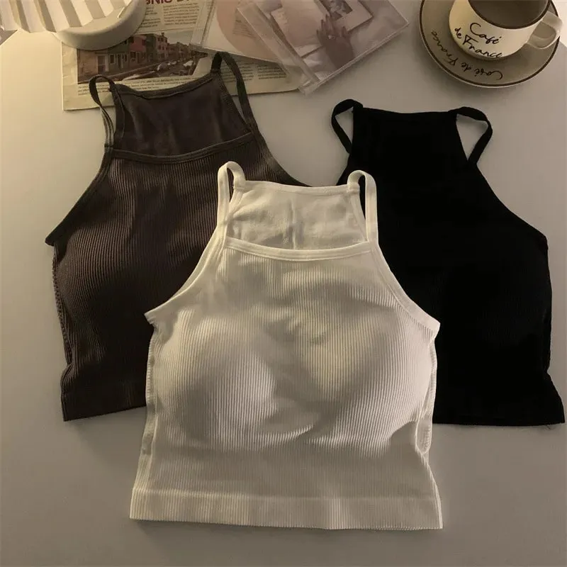 Canottiere da donna in versione coreana con filato solido, moda casual, top corto con imbottitura sul petto, senza maniche, canotta di base — image 2