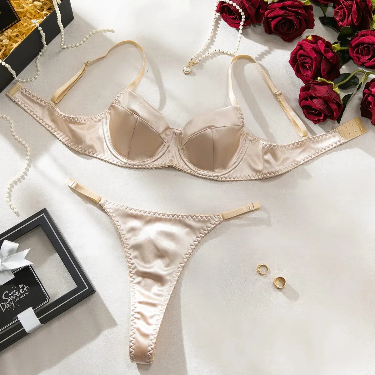Push Up Underwire Satin 2 Pcs Sexy Bra Set Women Underwear Patchwork Bras and Thongs Suits Attractive Bilizna Intimate Set — image 10
